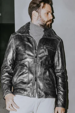 Blouson Homme The Jack Leathers Aviator Black +Collar Rub Off 046 Iron